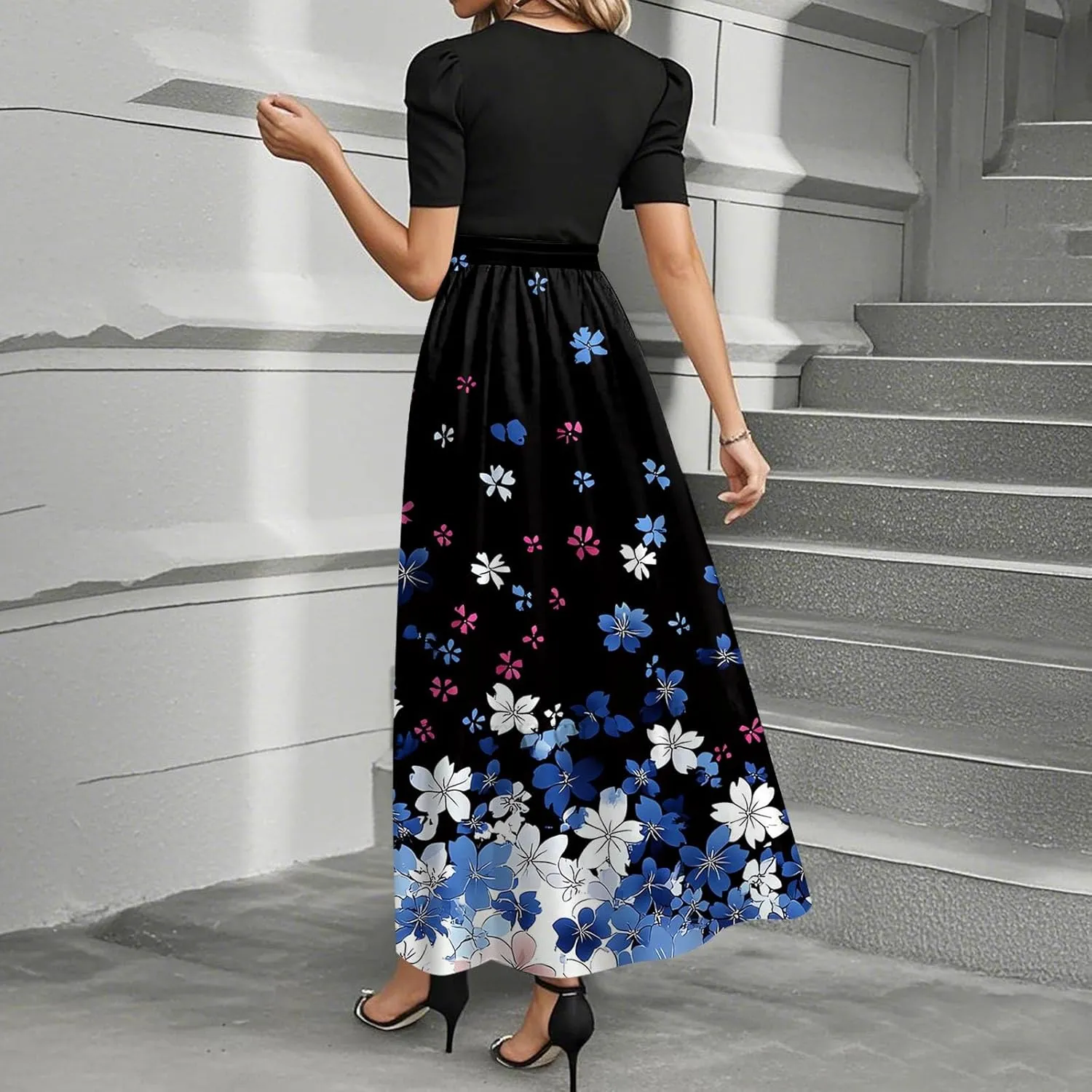Summer Dresses for Women 2025 Maxi Short Sleeve Flowy Floral Empire Waist Dress Elegant Long Sundress with Belt
