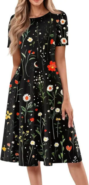 Summer Dresses for Women 2025 Midi Short Sleeve Round Neck Dresses Elegant Pleated with Pocket Flower Print Dress