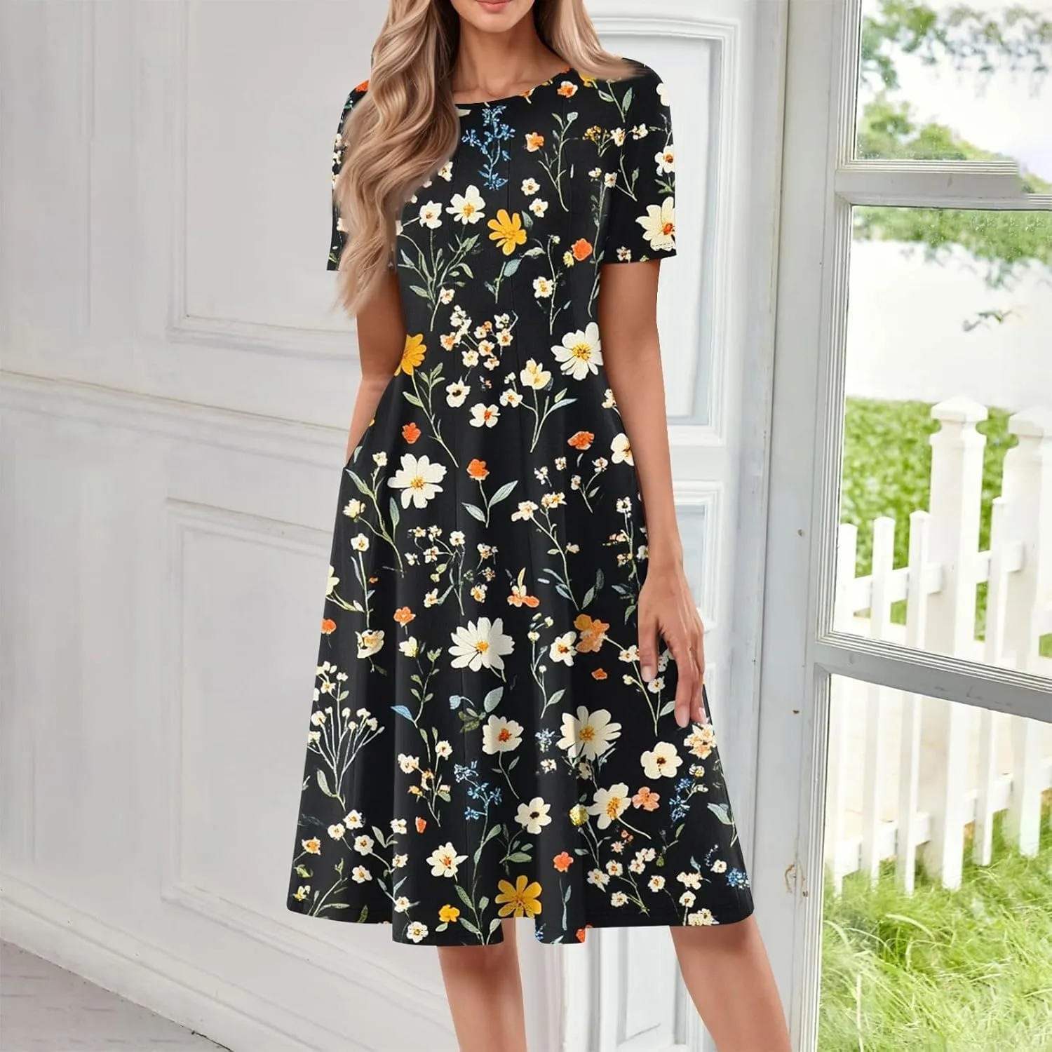 Summer Dresses for Women 2025 Midi Short Sleeve Round Neck Dresses Elegant Pleated with Pocket Flower Print Dress