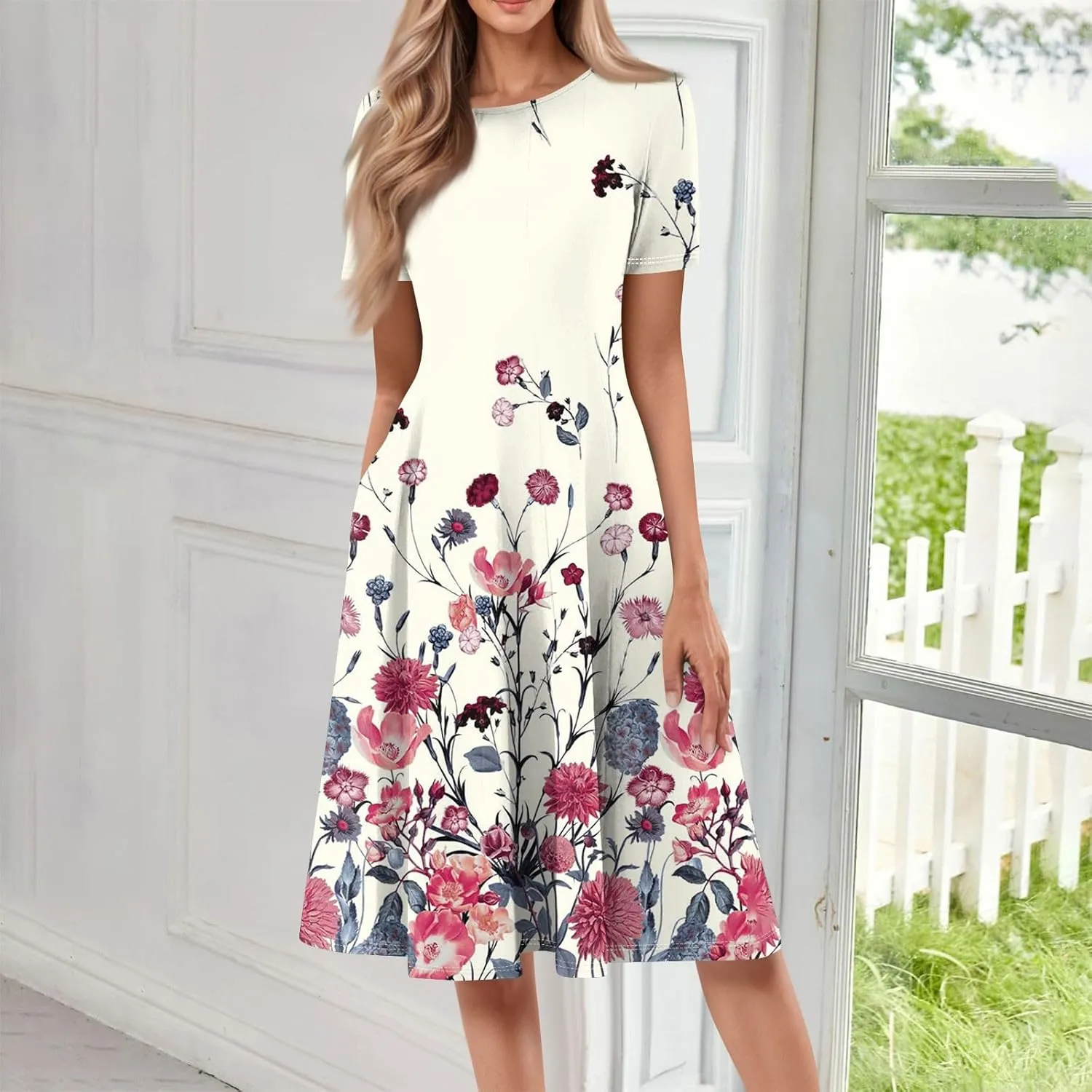 Summer Dresses for Women 2025 Midi Short Sleeve Round Neck Dresses Elegant Pleated with Pocket Flower Print Dress