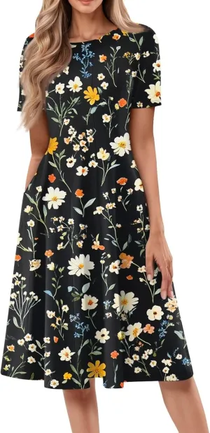 Summer Dresses for Women 2025 Midi Short Sleeve Round Neck Dresses Elegant Pleated with Pocket Flower Print Dress