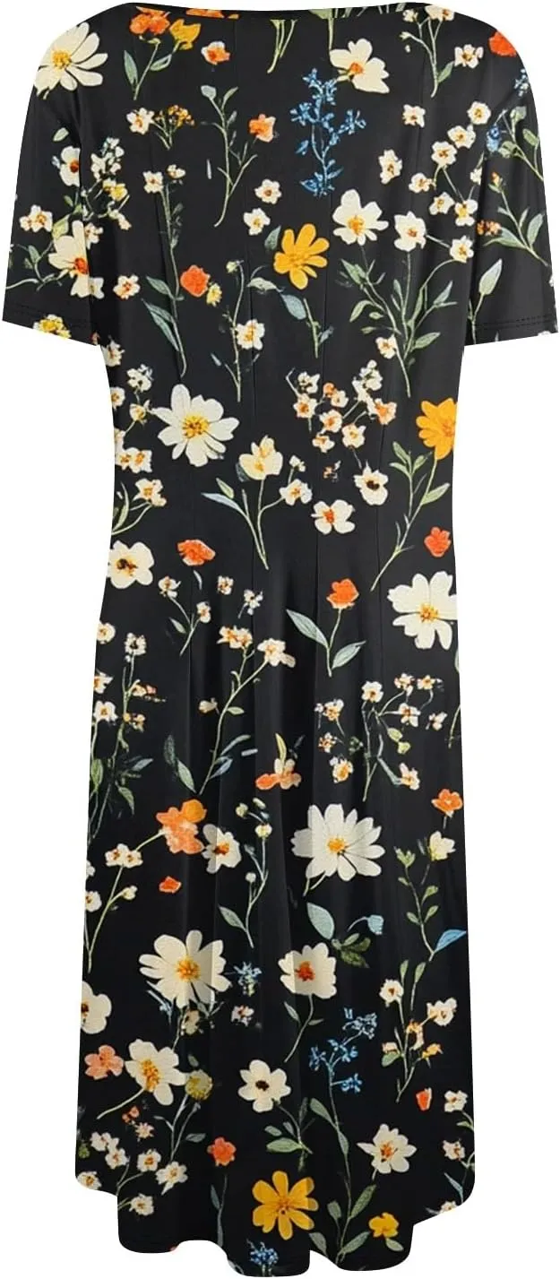 Summer Dresses for Women 2025 Midi Short Sleeve Round Neck Dresses Elegant Pleated with Pocket Flower Print Dress