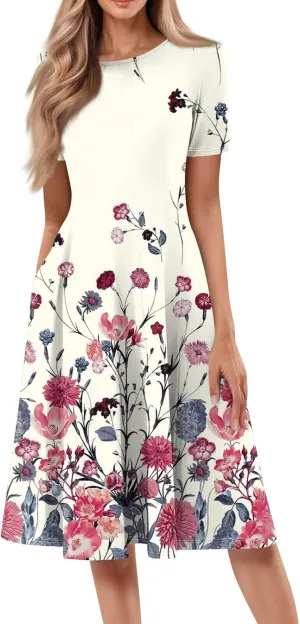 Summer Dresses for Women 2025 Midi Short Sleeve Round Neck Dresses Elegant Pleated with Pocket Flower Print Dress