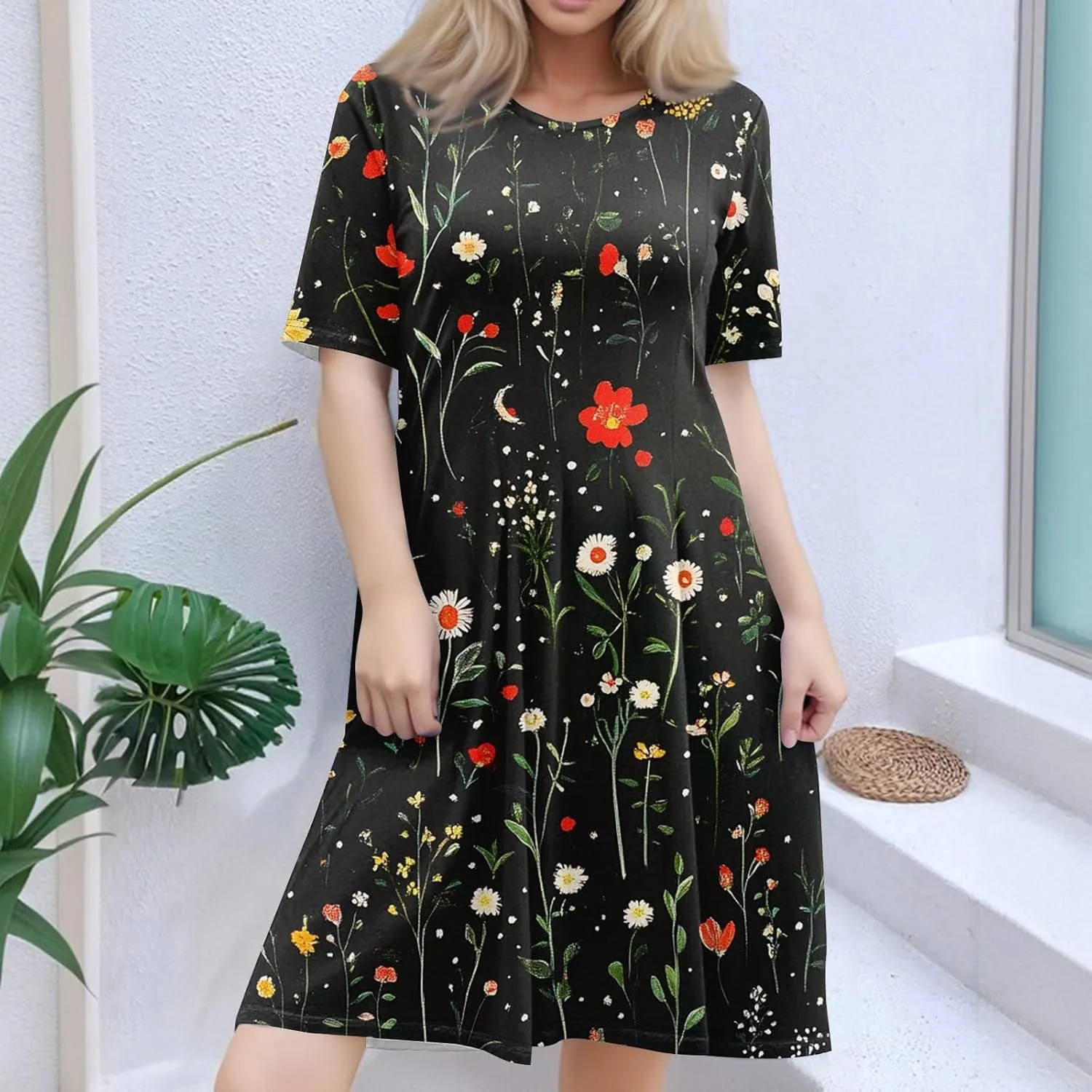 Summer Dresses for Women 2025 Midi Short Sleeve Round Neck Dresses Elegant Pleated with Pocket Flower Print Dress