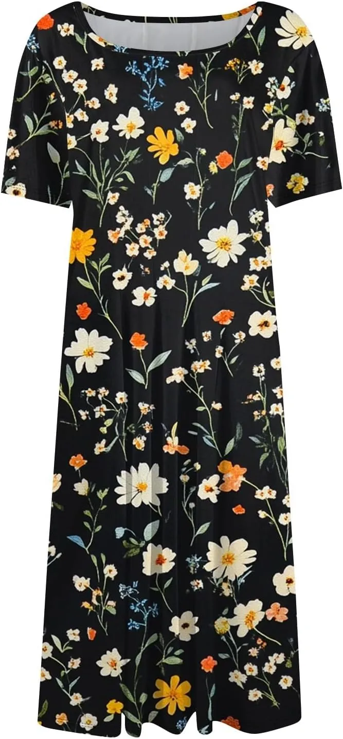 Summer Dresses for Women 2025 Midi Short Sleeve Round Neck Dresses Elegant Pleated with Pocket Flower Print Dress