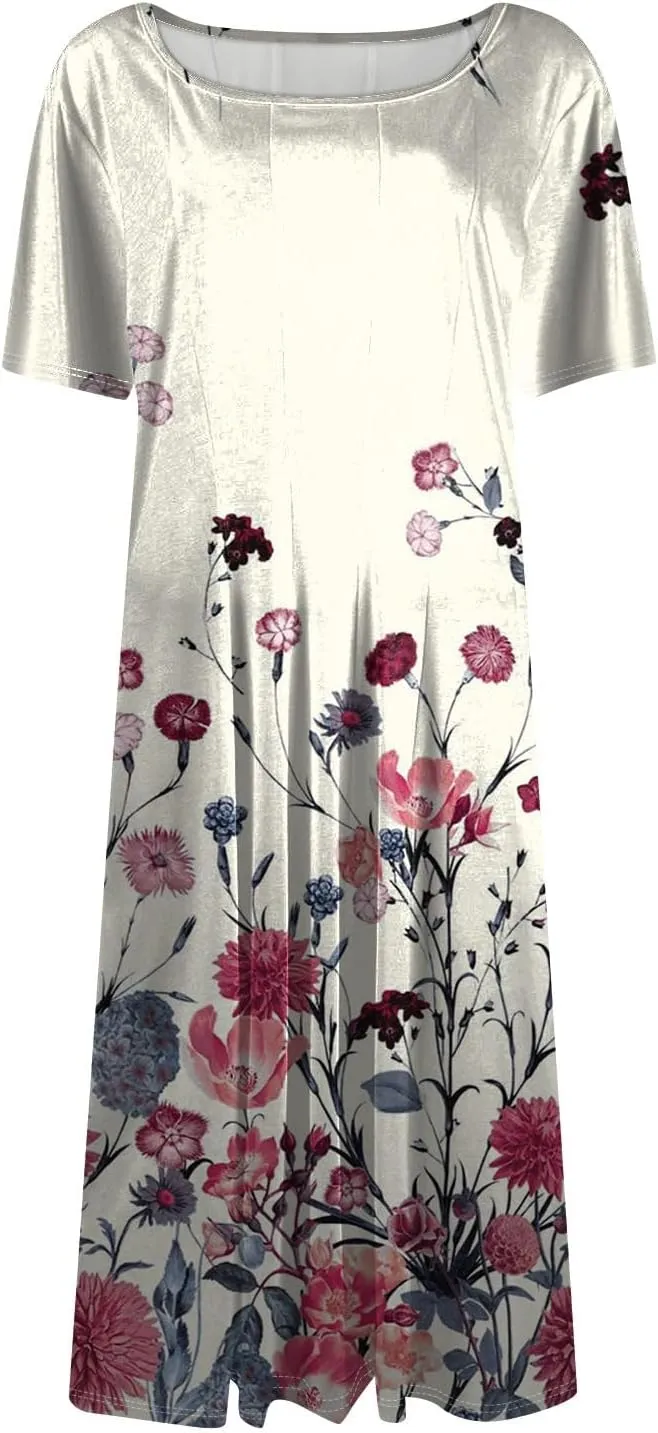 Summer Dresses for Women 2025 Midi Short Sleeve Round Neck Dresses Elegant Pleated with Pocket Flower Print Dress