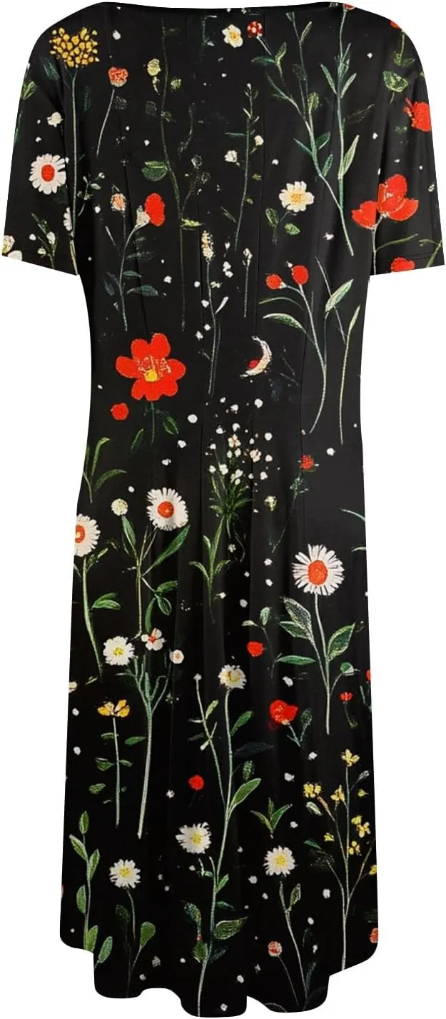 Summer Dresses for Women 2025 Midi Short Sleeve Round Neck Dresses Elegant Pleated with Pocket Flower Print Dress