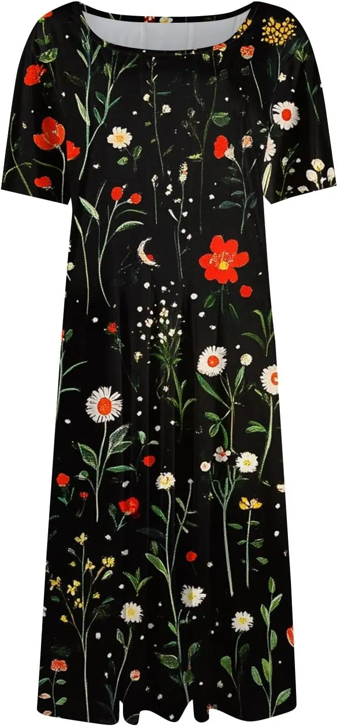 Summer Dresses for Women 2025 Midi Short Sleeve Round Neck Dresses Elegant Pleated with Pocket Flower Print Dress