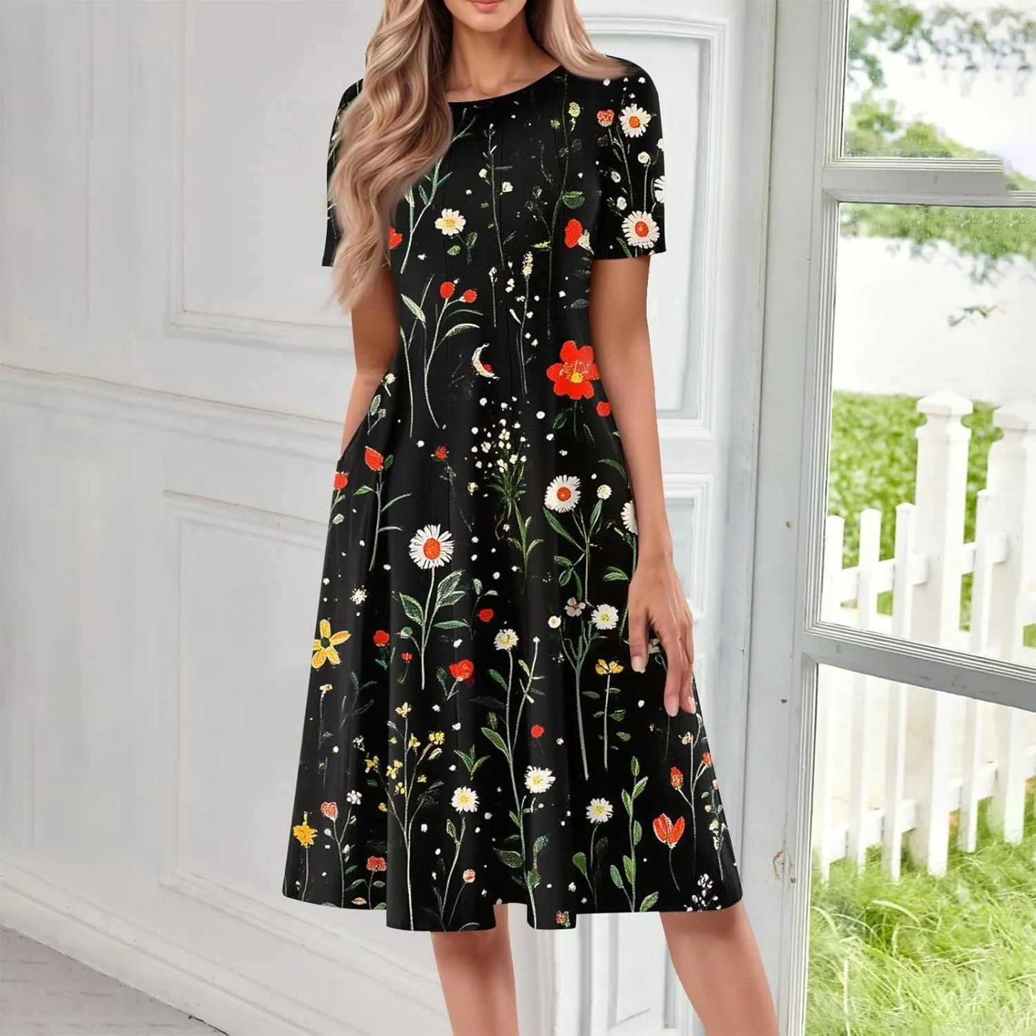 Summer Dresses for Women 2025 Midi Short Sleeve Round Neck Dresses Elegant Pleated with Pocket Flower Print Dress