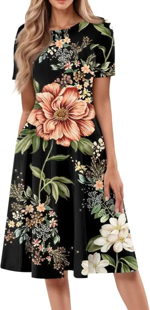 Summer Dresses for Women 2025 Short Sleeve Dresses Empire Waist Wrap Dress Business Boho Dress Midi with Pocket