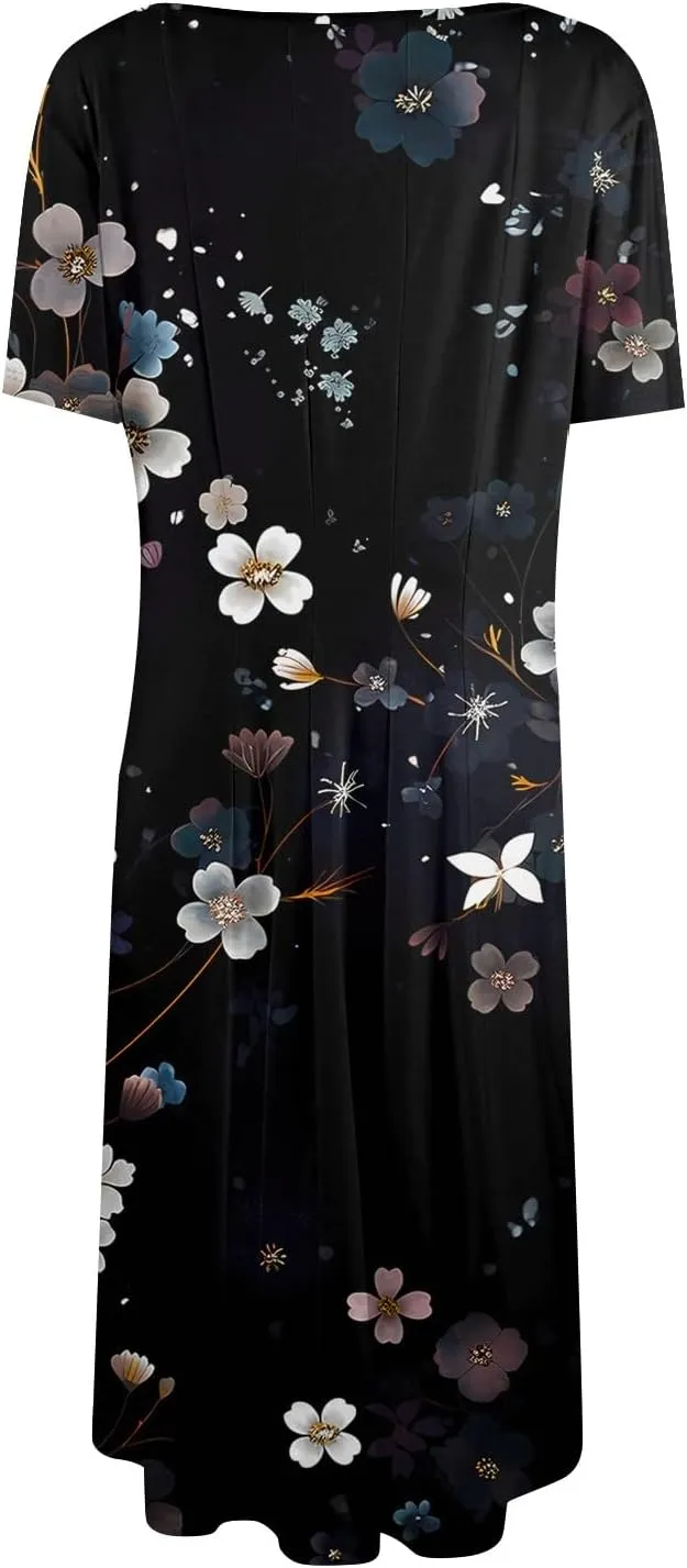 Summer Dresses for Women 2025 Short Sleeve Dresses Empire Waist Wrap Dress Business Boho Dress Midi with Pocket