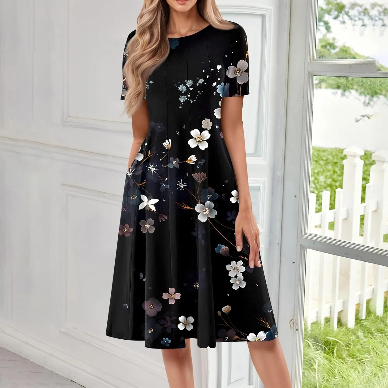 Summer Dresses for Women 2025 Short Sleeve Dresses Empire Waist Wrap Dress Business Boho Dress Midi with Pocket