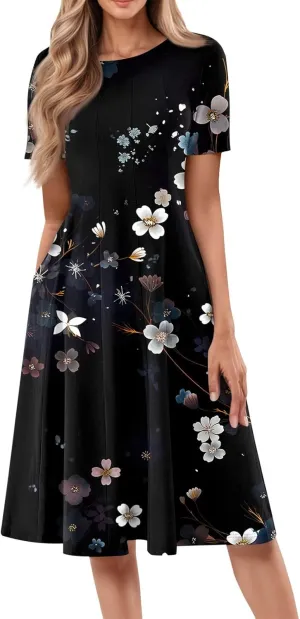 Summer Dresses for Women 2025 Short Sleeve Dresses Empire Waist Wrap Dress Business Boho Dress Midi with Pocket