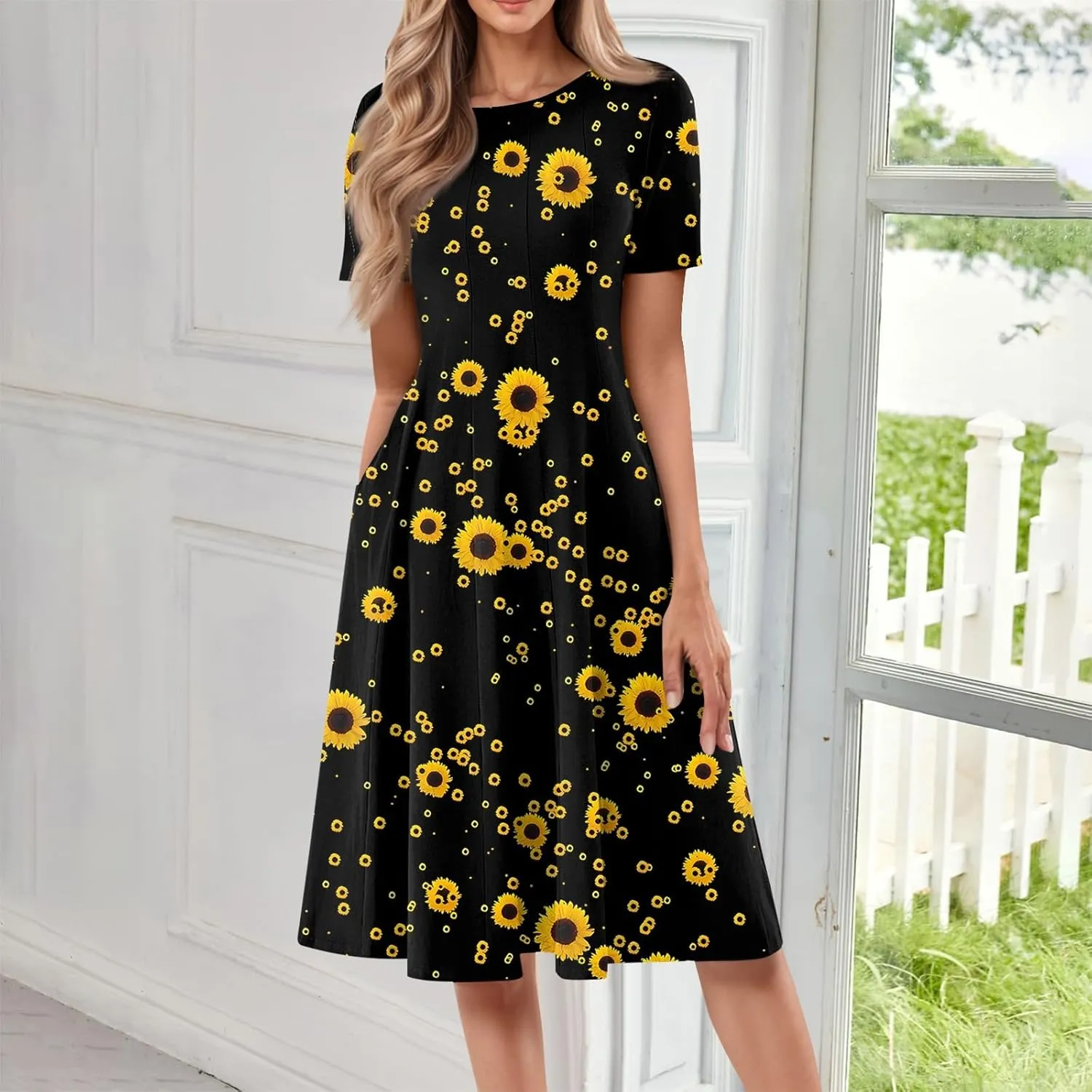 Summer Dresses for Women 2025 Short Sleeve Dresses Empire Waist Wrap Dress Business Boho Dress Midi with Pocket