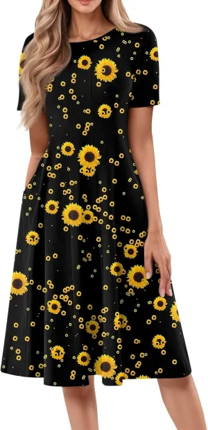 Summer Dresses for Women 2025 Short Sleeve Dresses Empire Waist Wrap Dress Business Boho Dress Midi with Pocket