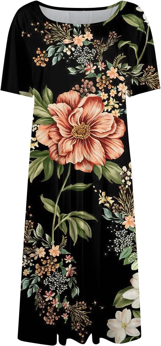 Summer Dresses for Women 2025 Short Sleeve Dresses Empire Waist Wrap Dress Business Boho Dress Midi with Pocket