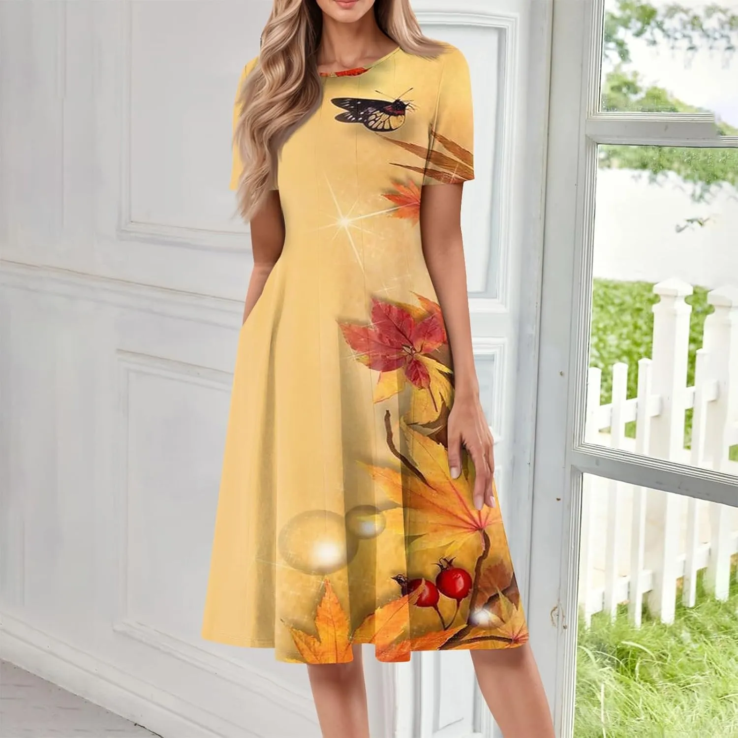 Summer Dresses for Women 2025 Trendy Short Sleeve Scoop Neck Print Beach Boho Tshirt Dress with Pockets