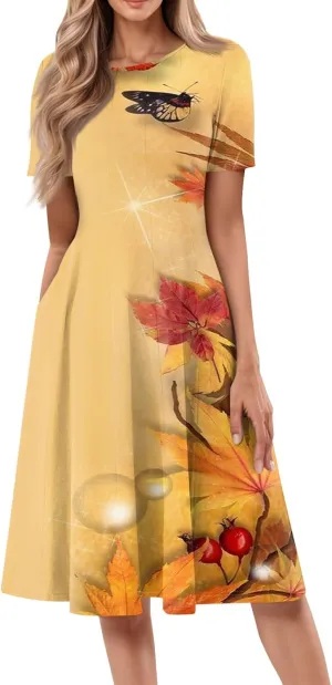 Summer Dresses for Women 2025 Trendy Short Sleeve Scoop Neck Print Beach Boho Tshirt Dress with Pockets