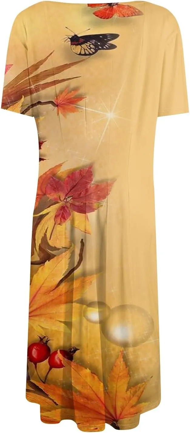 Summer Dresses for Women 2025 Trendy Short Sleeve Scoop Neck Print Beach Boho Tshirt Dress with Pockets
