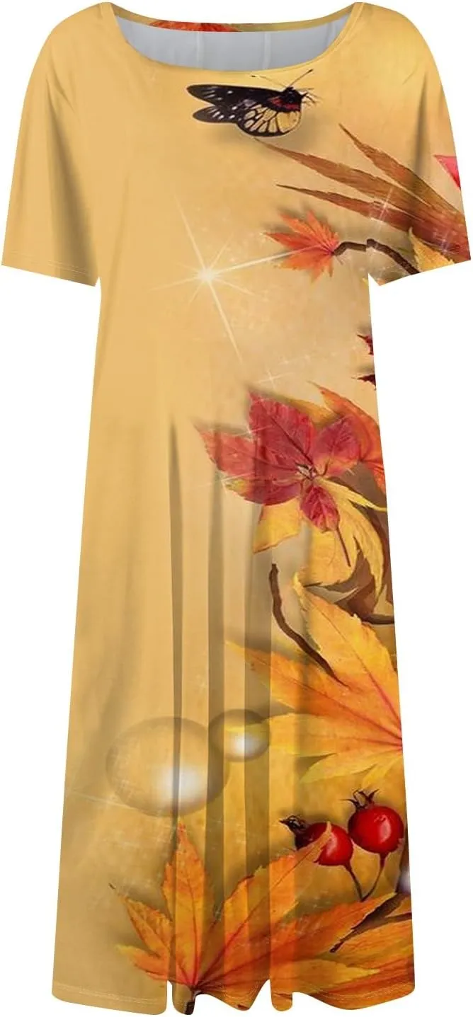Summer Dresses for Women 2025 Trendy Short Sleeve Scoop Neck Print Beach Boho Tshirt Dress with Pockets
