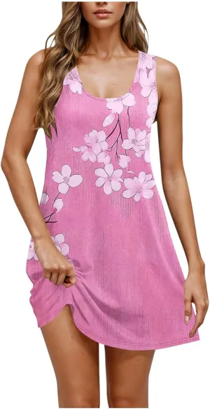Summer Dresses for Women 2025 Vacation Floral Print Sleeveless Crew Neck Trendy Sundresses Casual Beach 2025 Dress