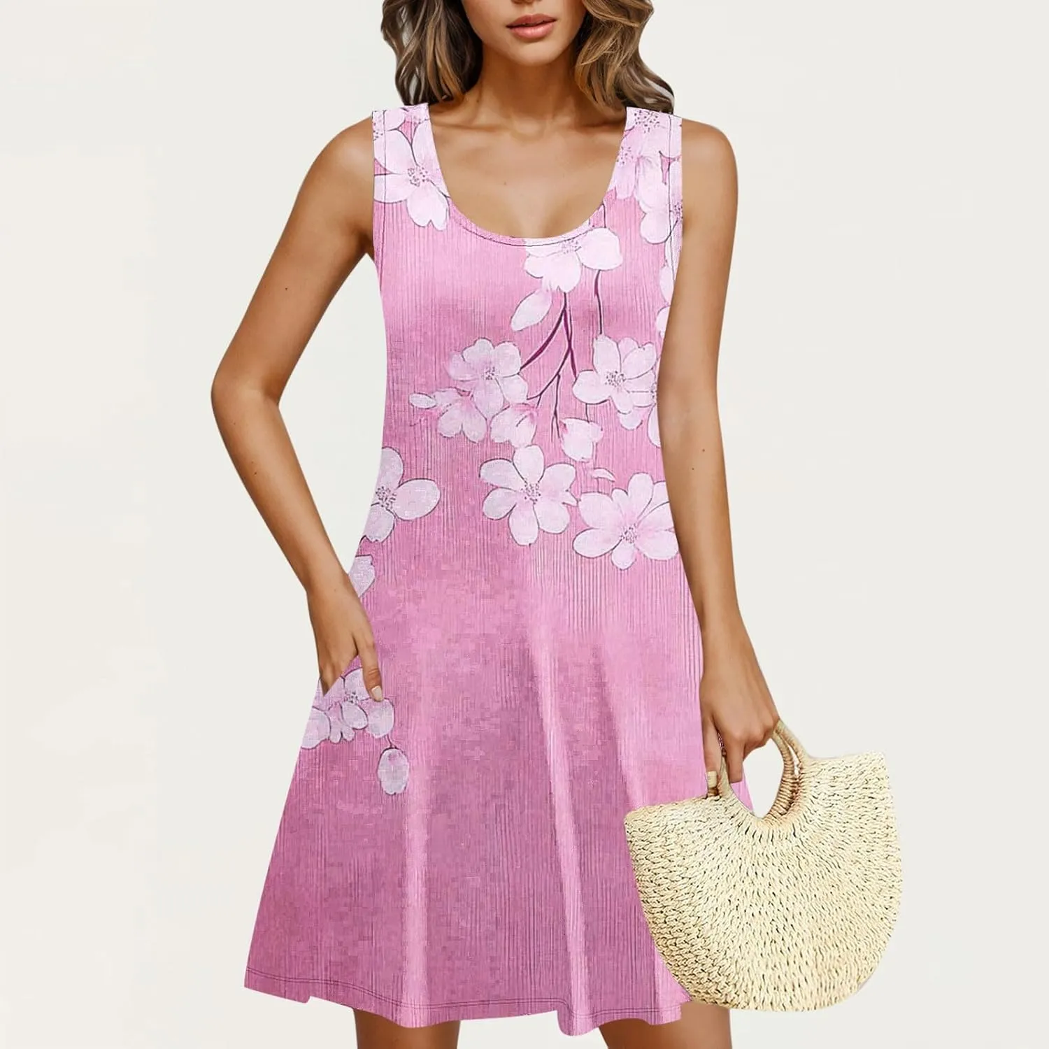 Summer Dresses for Women 2025 Vacation Floral Print Sleeveless Crew Neck Trendy Sundresses Casual Beach 2025 Dress