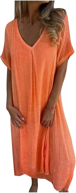 Summer Dresses for Women 2025 Vacation Lightweight Linen Cotton Boho Sundress Plus Size Short Sleeve Maxi Clothes
