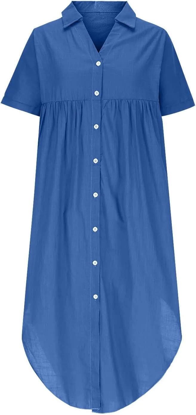 Summer Dresses for Women 2025 Vacation Linen Cotton Button Down Sundresses Casual Short Sleeve Travel Maxi Clothes