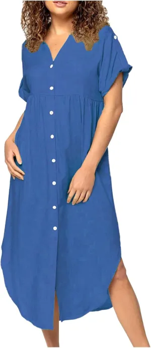 Summer Dresses for Women 2025 Vacation Linen Cotton Button Down Sundresses Casual Short Sleeve Travel Maxi Clothes