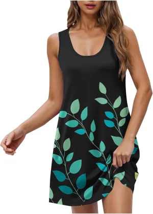 Summer Dresses for Women Beach Floral Tshirt Sundress Casual Crew Neck Sleeveless Boho Tank Dress 2025 Trendy