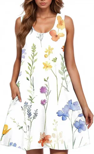Summer Dresses for Women Casual Sleeveless Floral Print Sundress Beach Swing A-Line Dress Lightweight Tank Dress