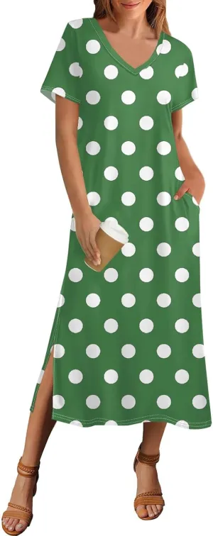 Summer Dresses for Women Casual Split Long Dress Loose T Shirt Dress Floral Print Short Sleeve Beach Dress with Pockets