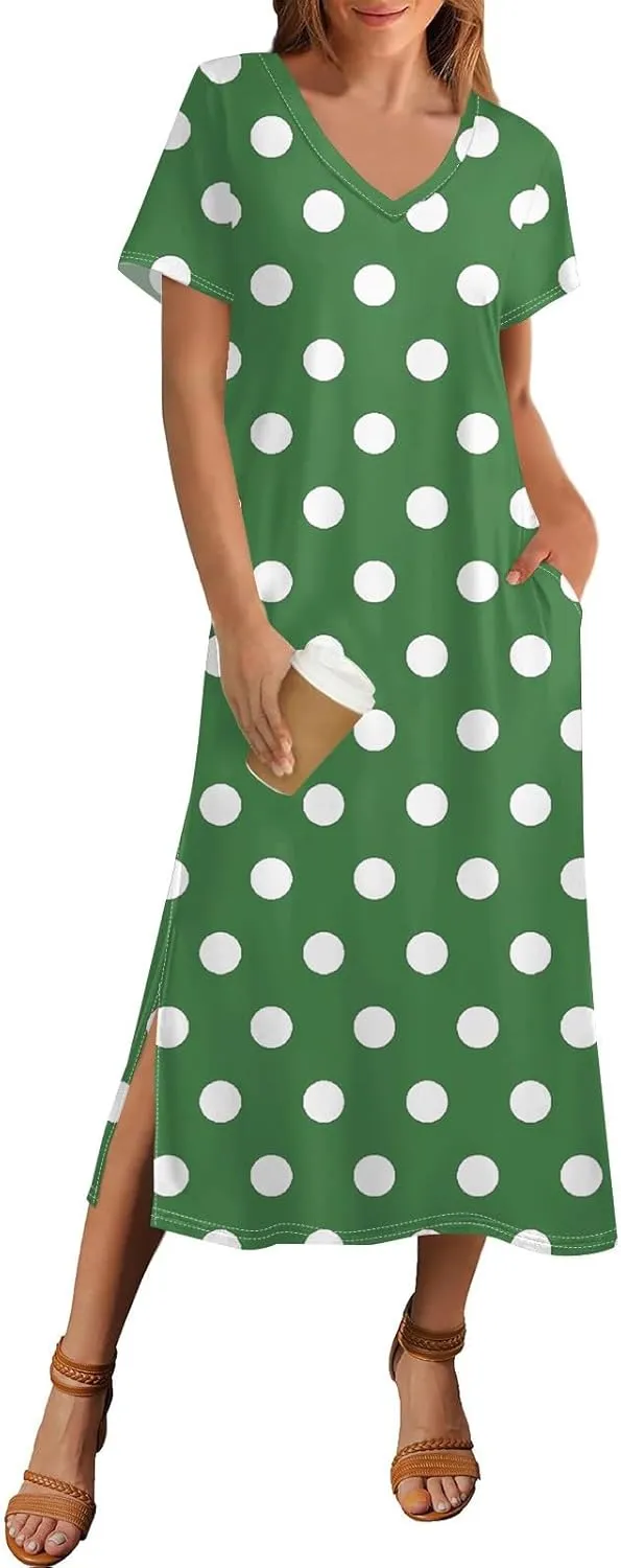 Summer Dresses for Women Casual Split Long Dress Loose T Shirt Dress Floral Print Short Sleeve Beach Dress with Pockets