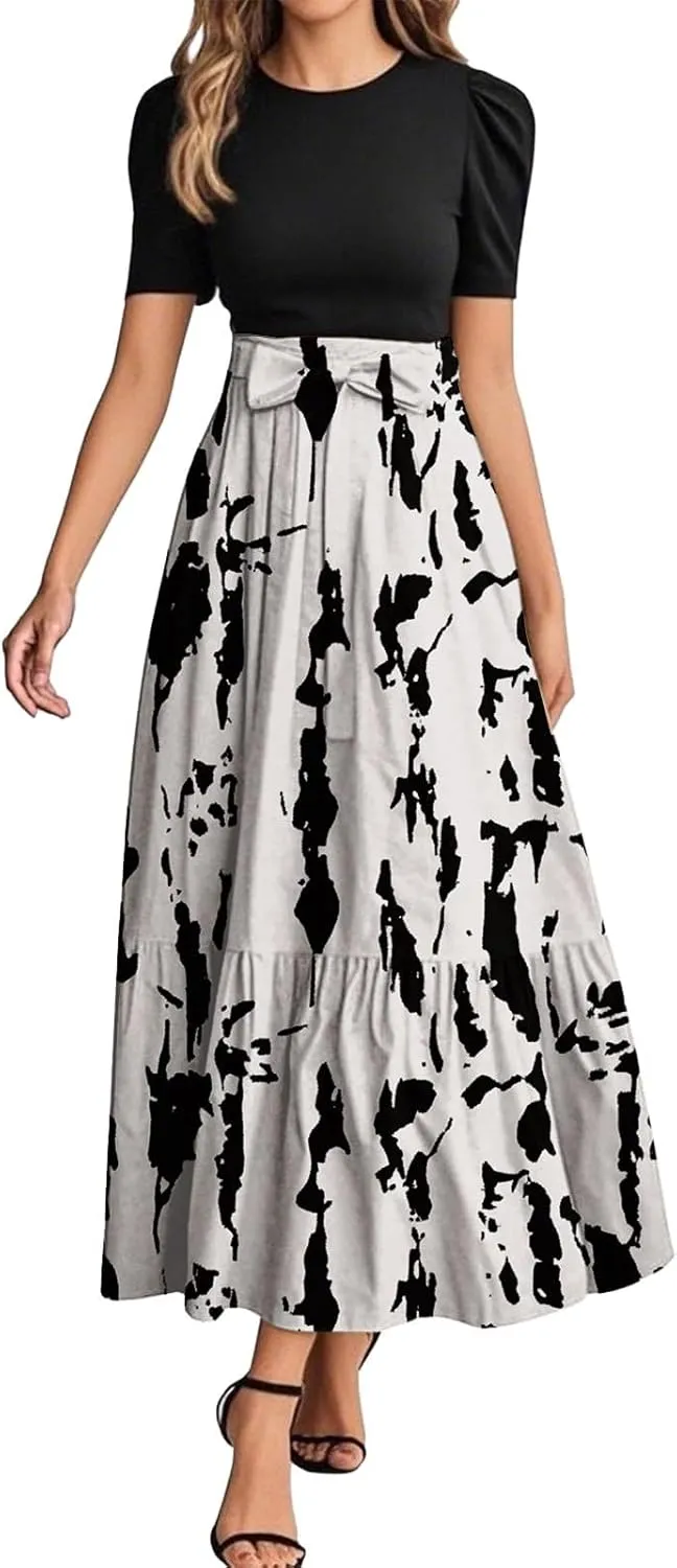 Summer Dresses for Women Floral Print Flowy Short Sleeve Dress Patchwork Empire Waist Dress Tie Belted Maxi Dress