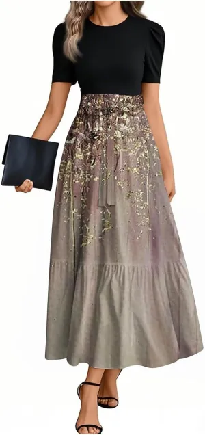 Summer Dresses for Women Floral Print Flowy Short Sleeve Dress Patchwork Empire Waist Dress Tie Belted Maxi Dress
