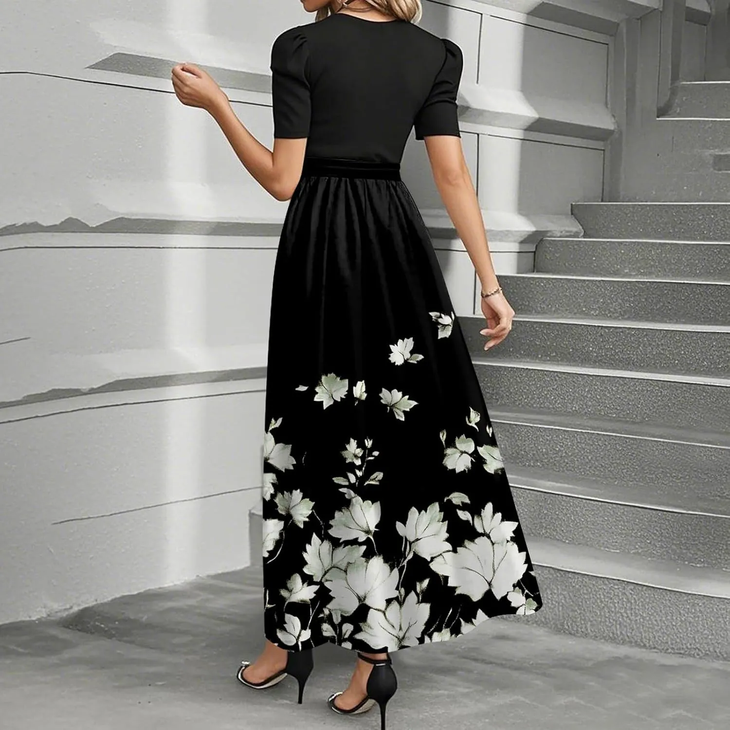 Summer Dresses for Women Floral Print Flowy Short Sleeve Dress Patchwork Empire Waist Dress Tie Belted Maxi Dress