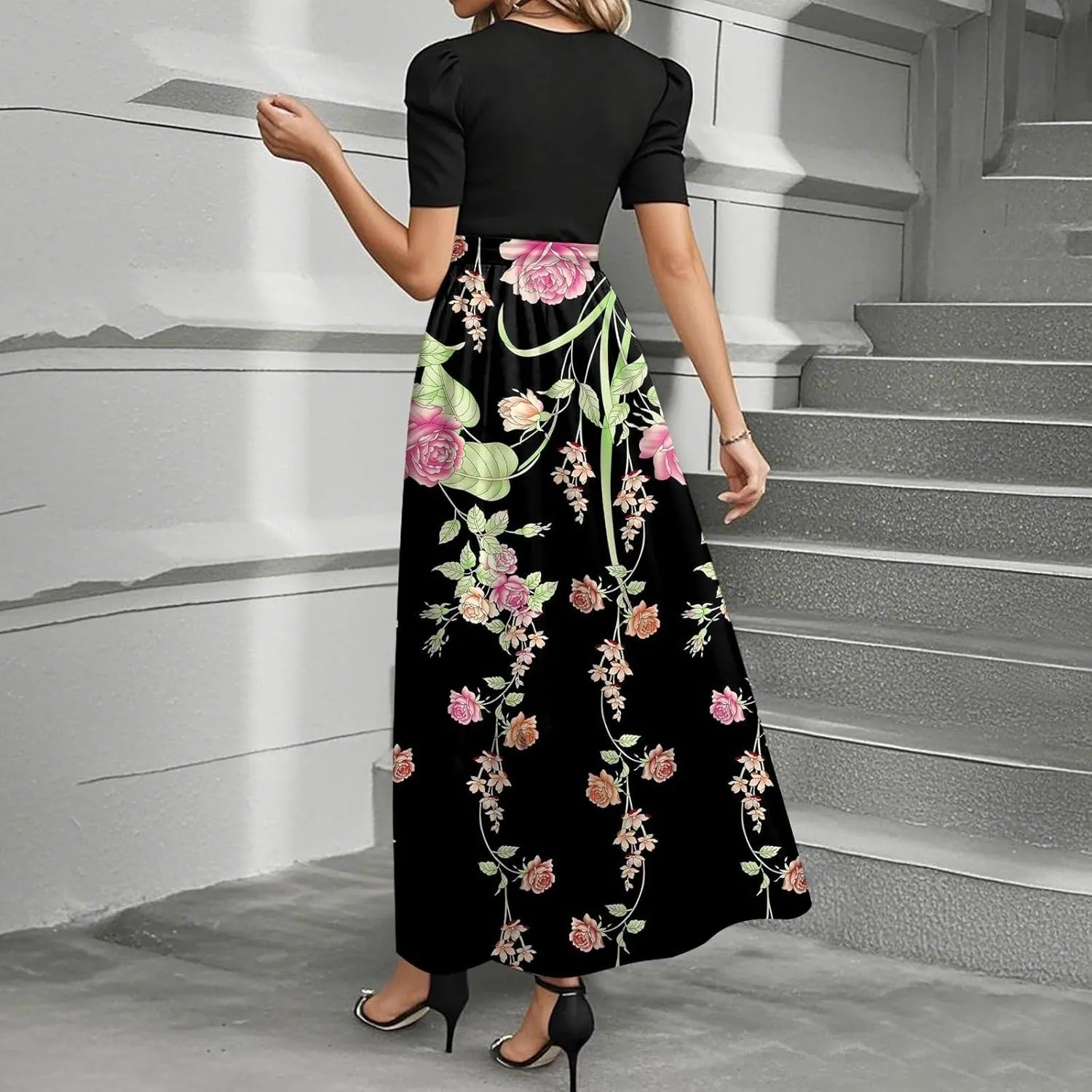 Summer Dresses for Women Floral Print Flowy Short Sleeve Dress Patchwork Empire Waist Dress Tie Belted Maxi Dress