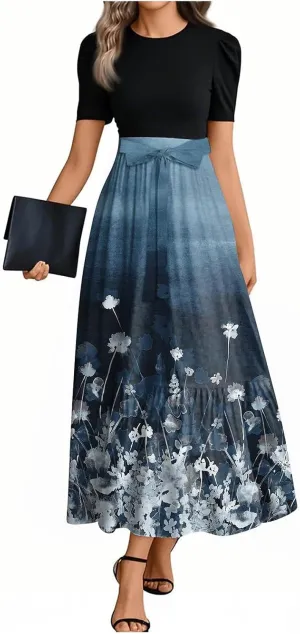 Summer Dresses for Women Floral Print Flowy Short Sleeve Dress Patchwork Empire Waist Dress Tie Belted Maxi Dress