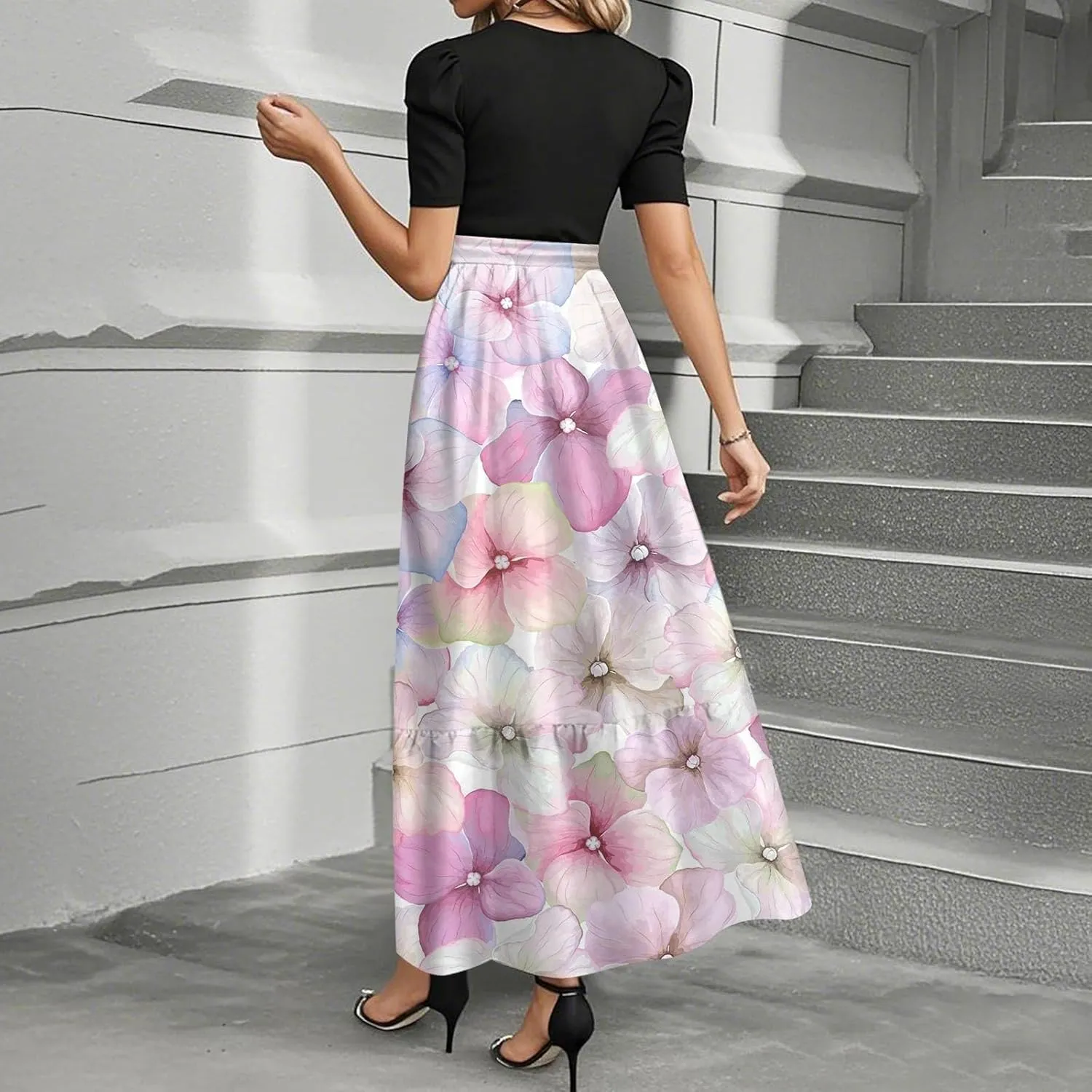Summer Dresses for Women Floral Print Flowy Short Sleeve Dress Patchwork Empire Waist Dress Tie Belted Maxi Dress