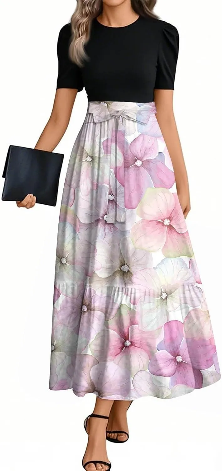 Summer Dresses for Women Floral Print Flowy Short Sleeve Dress Patchwork Empire Waist Dress Tie Belted Maxi Dress