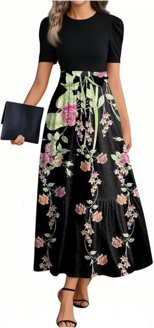 Summer Dresses for Women Floral Print Flowy Short Sleeve Dress Patchwork Empire Waist Dress Tie Belted Maxi Dress