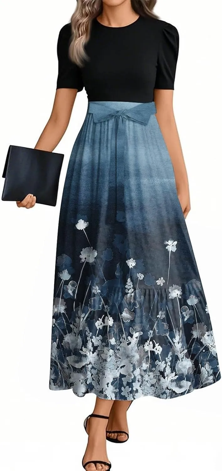 Summer Dresses for Women Floral Print Flowy Short Sleeve Dress Patchwork Empire Waist Dress Tie Belted Maxi Dress