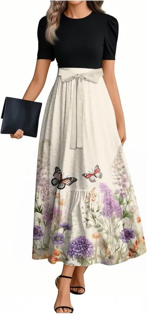 Summer Dresses for Women Floral Print Flowy Short Sleeve Dress Patchwork Empire Waist Dress Tie Belted Maxi Dress