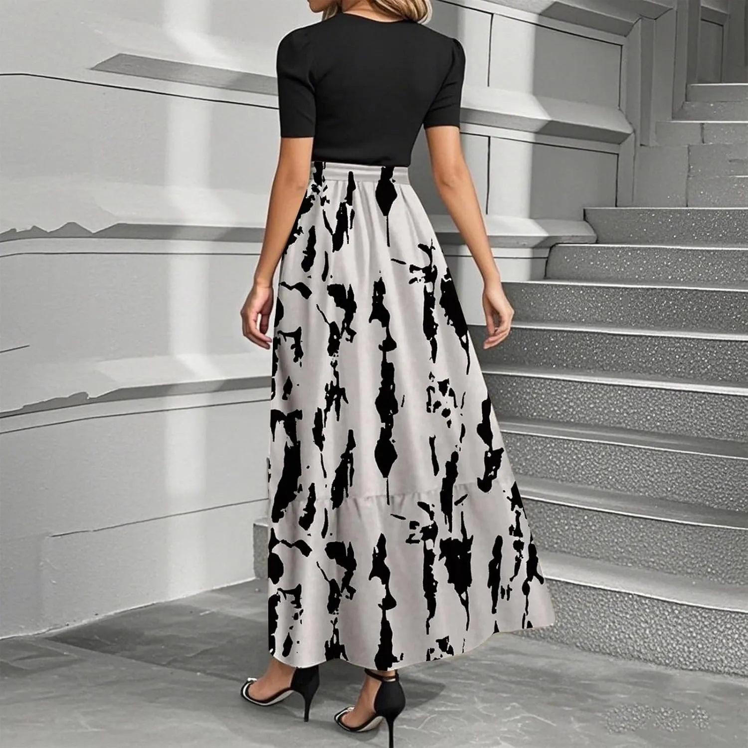Summer Dresses for Women Floral Print Flowy Short Sleeve Dress Patchwork Empire Waist Dress Tie Belted Maxi Dress