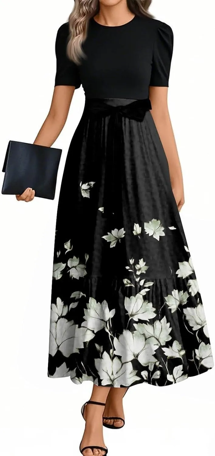 Summer Dresses for Women Floral Print Flowy Short Sleeve Dress Patchwork Empire Waist Dress Tie Belted Maxi Dress
