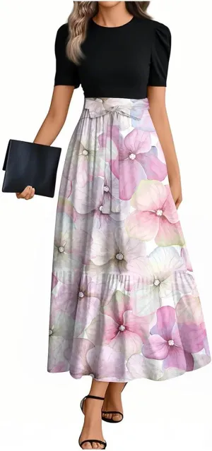 Summer Dresses for Women Floral Print Flowy Short Sleeve Dress Patchwork Empire Waist Dress Tie Belted Maxi Dress
