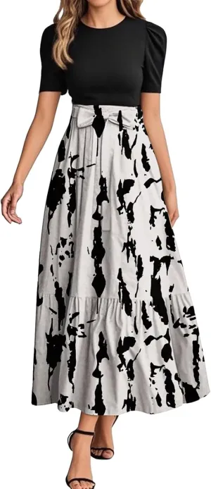 Summer Dresses for Women Floral Print Flowy Short Sleeve Dress Patchwork Empire Waist Dress Tie Belted Maxi Dress