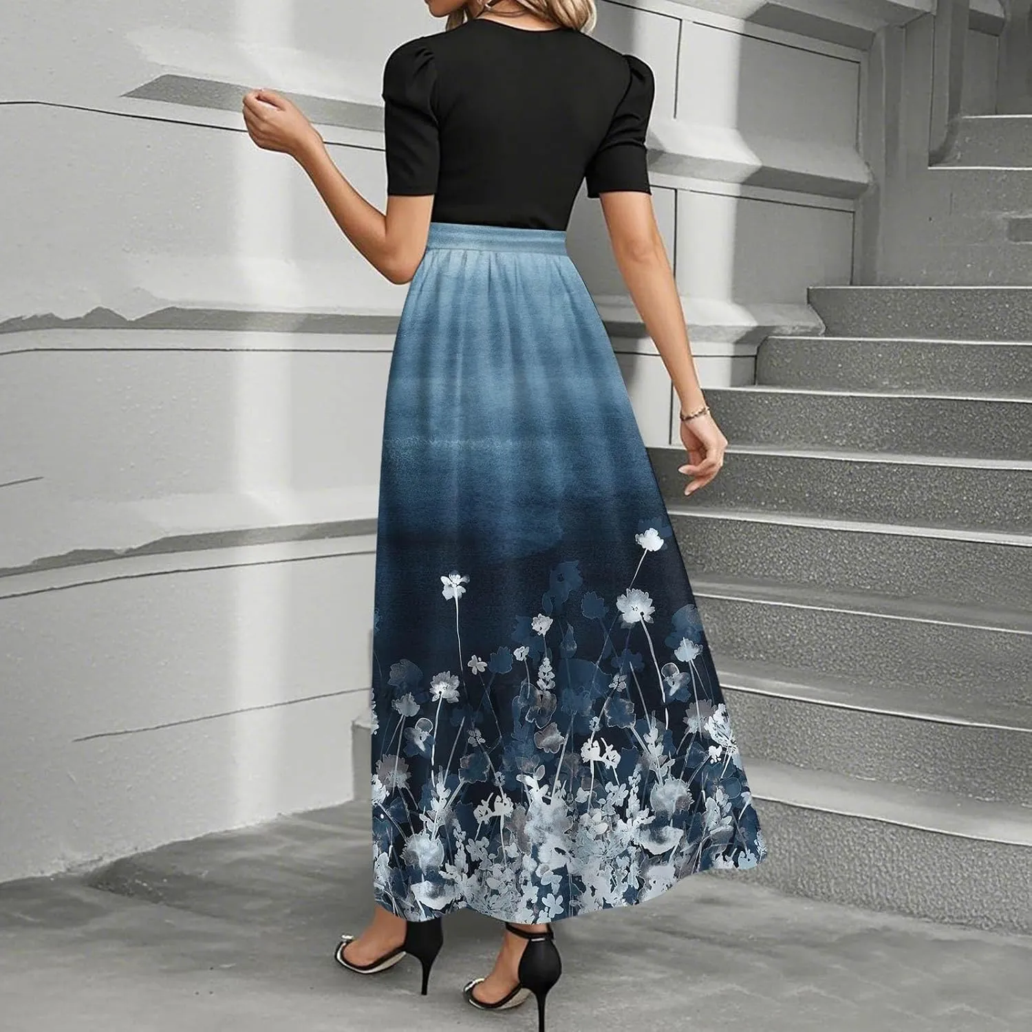 Summer Dresses for Women Floral Print Flowy Short Sleeve Dress Patchwork Empire Waist Dress Tie Belted Maxi Dress