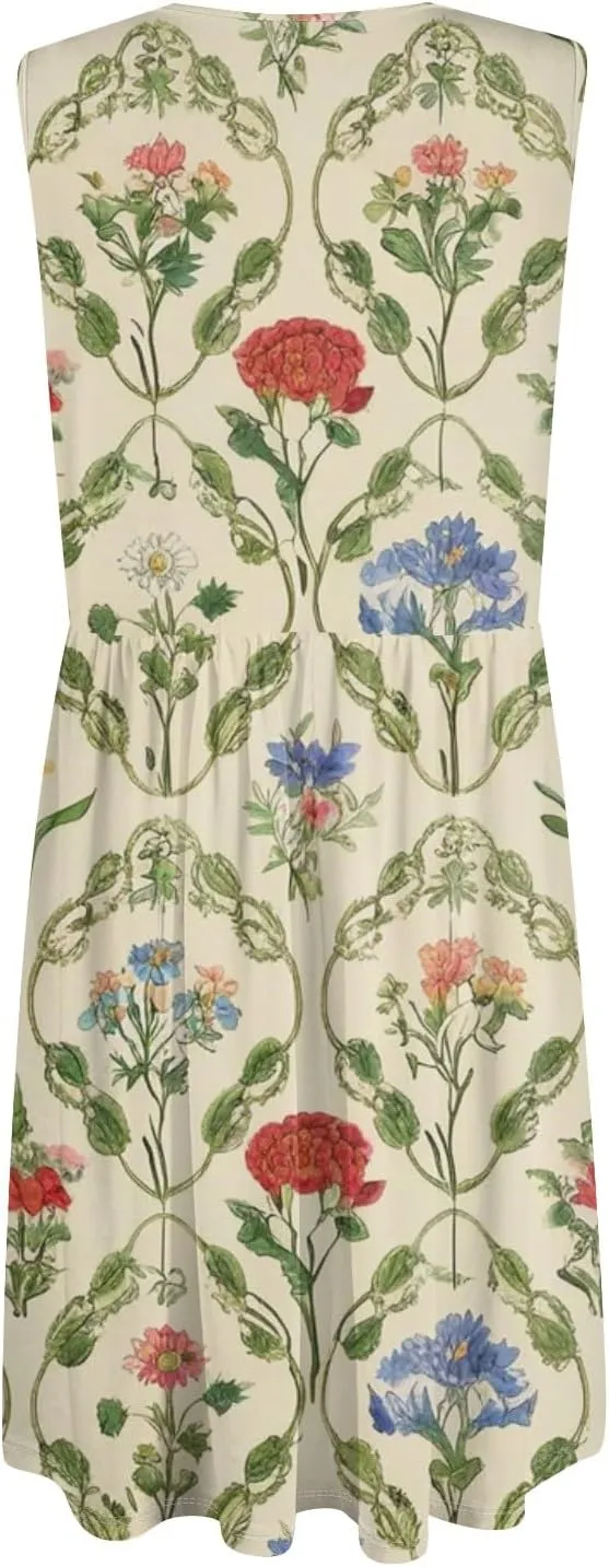 Summer Dresses for Women Flowy Sundresses printedLoose Sleeveless Mini Dress Beach Tshirt Tank Dresses with Pockets