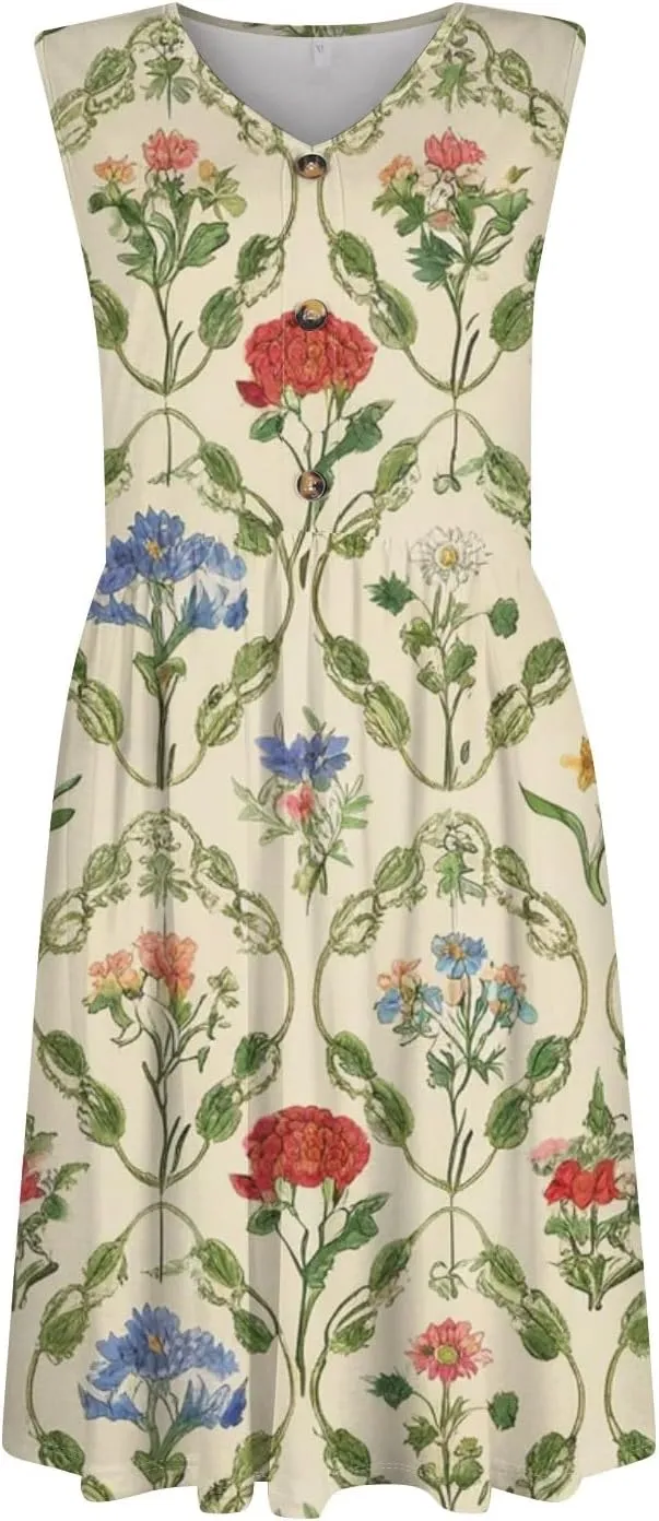 Summer Dresses for Women Flowy Sundresses printedLoose Sleeveless Mini Dress Beach Tshirt Tank Dresses with Pockets